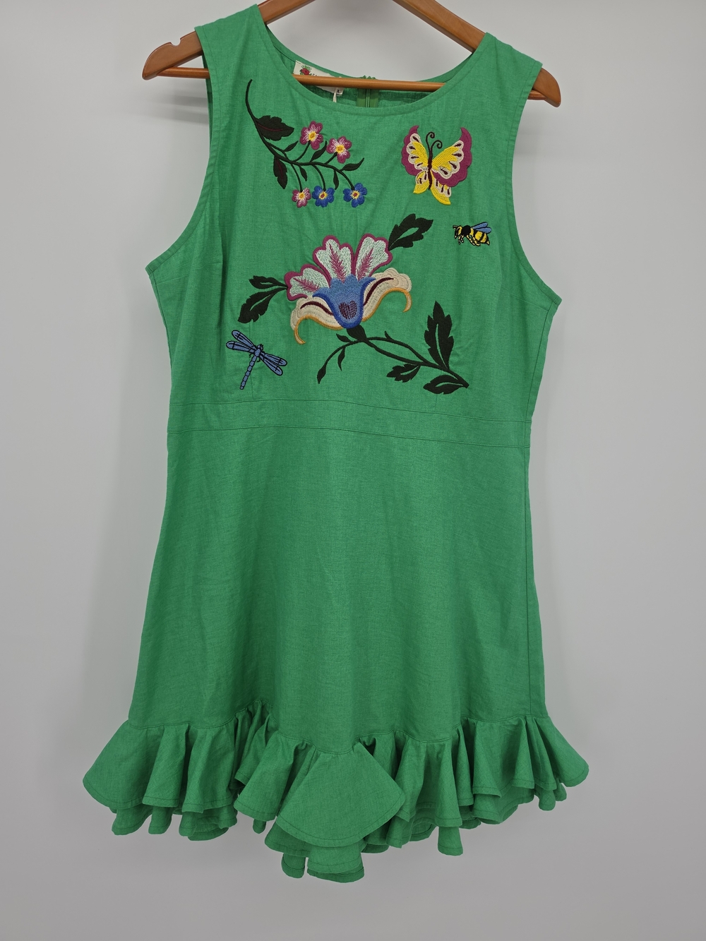 Fanm Mon Green Linen Sleeveless Embroidered Ruffle Dress Xl New